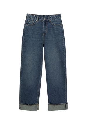 Jeans in denim a gamba larga di lavaggio blu scuro, con chiusura a bottone, cinque tasche e orli risvoltati per una silhouette strutturata.