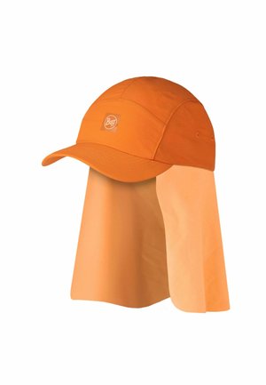 Orange cap with extended neck flap for sun protection, featuring a curved brim and a small logo on the front panel.