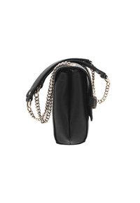 Borsa a tracolla in pelle nera con forma rettangolare, tracolla in catena argentata e superficie texturizzata. Chiusura e dettagli sul bordo superiore.