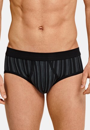 Sort briefs undertøj med lodrette blå striber, blødt stof, elastisk linning og en formet lomme for komfort og støtte.