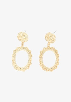 Guldtonede øreringe med tekstureret cirkulær post og oval ringdesign, med et detaljeret, forhøjet mønster på ringen.