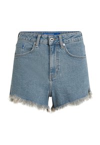 Denim kratke hlače v svetlo modri barvi, s surovim robom in strganimi robovi, petimi žepi in zankami za pas. Oblikovano z zapiranjem na gumbe spredaj.