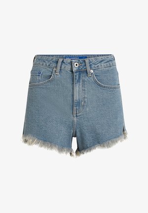 Heled denim lühikesed püksid helesinises värvitoonis, millel on toores äär koos narmastega, viis taskut ja vöökohad. Kujundatud esi-nööbiga sulgemiseks.