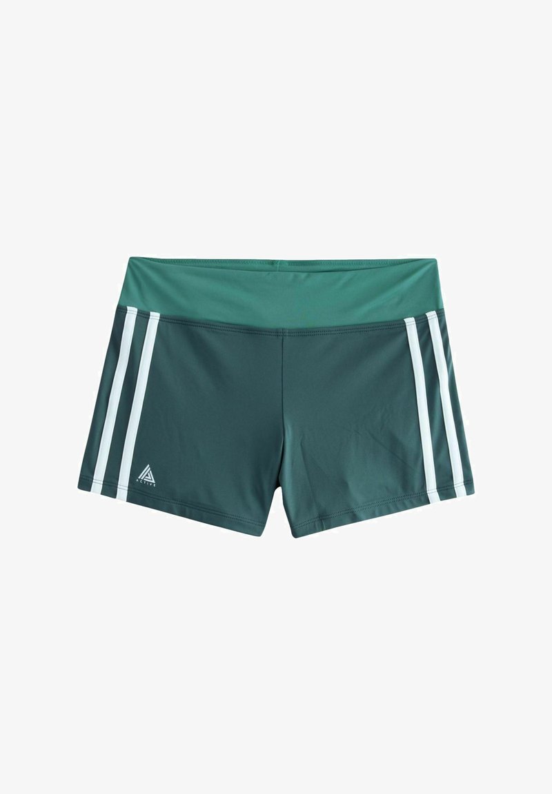 Türkiissinised spordipüksid laia vöökohaga, millel on mõlemal küljel kolm vertikaalset valget triipu ja esiküljel väike logo.