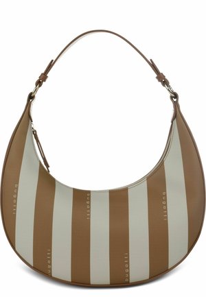 Sac à main en forme de croissant rayé marron et beige avec une bandoulière unique et une fermeture éclair, marqué du texte "bugatti" sur les rayures.