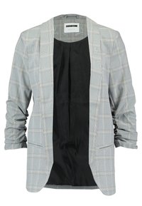 Blazer à carreaux gris avec une doublure noire, présentant une ouverture à l'avant, des manches longues et des poches latérales. Tissu lisse avec un design structuré.