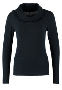 Pull noir à manches longues en maille, avec un large ourlet et des poignets côtelés, doté d’un grand col châle plié.