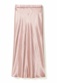 Blød lyserød satin midi-nederdel med elastisk taljebånd og en glat, flydende tekstur mod en hvid baggrund.