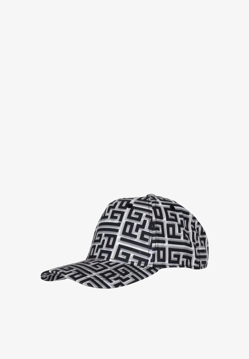 Cappellino con un motivo geometrico in bianco e nero, dotato di una visiera strutturata e design a sei pannelli, realizzato in un tessuto dalla superficie liscia.