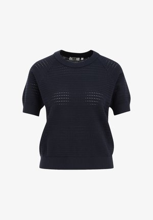 Suéter de punto navy de manga corta, con un diseño texturizado que presenta rayas horizontales y pequeños detalles recortados a lo largo.