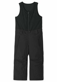 Schwarze isolierte Latzhose mit einem glatten Oberteil und einem strapazierfähigen strukturierten unteren Abschnitt. Verfügt über einen Frontreißverschluss und mehrere Seitentaschen.