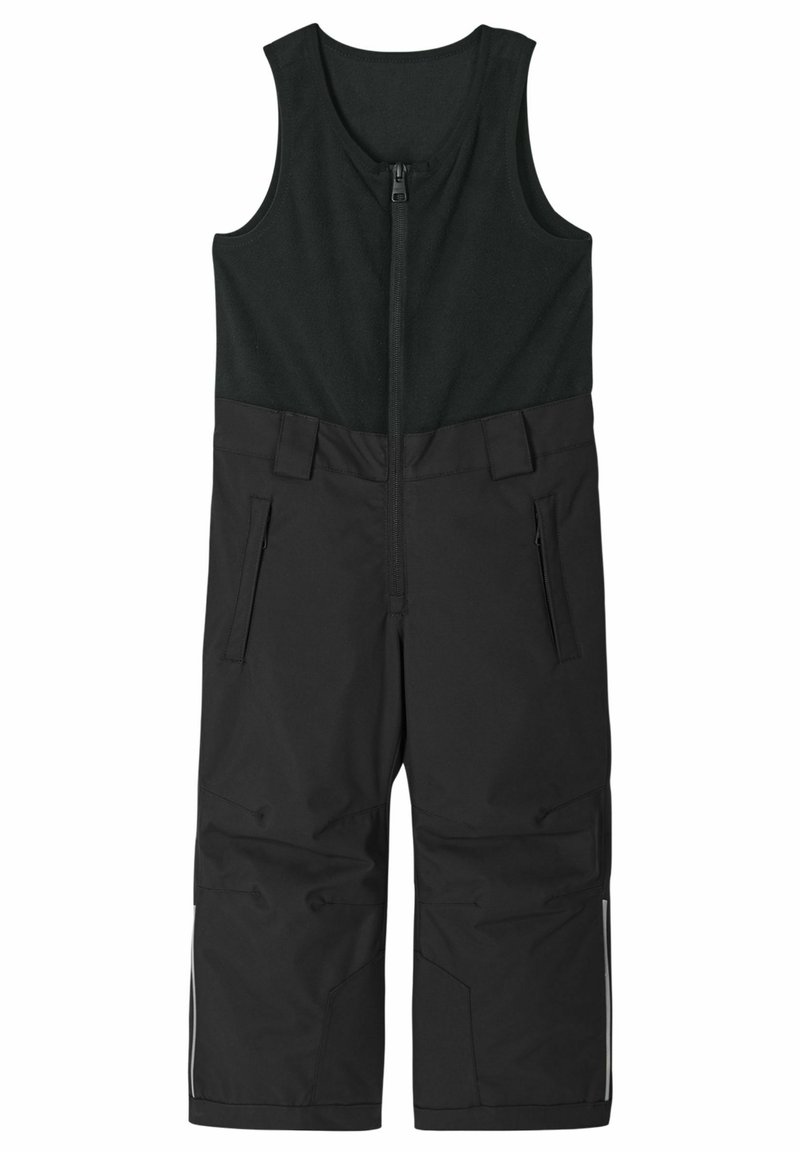 Schwarze isolierte Latzhose mit einem glatten Oberteil und einem strapazierfähigen strukturierten unteren Abschnitt. Verfügt über einen Frontreißverschluss und mehrere Seitentaschen.