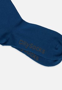 Blaue Socken aus einem glatten, dehnbaren Material. Mit "DillySocks" in kontrastierendem Braun auf den Sohlen bedruckt.