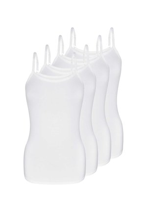 Vier weiße ärmellose Camisole-Tops mit dünnen verstellbaren Schulterträgern, in einer versetzten Reihe angeordnet.
