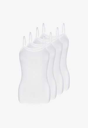 Vier weiße ärmellose Camisole-Tops mit dünnen verstellbaren Schulterträgern, in einer versetzten Reihe angeordnet.