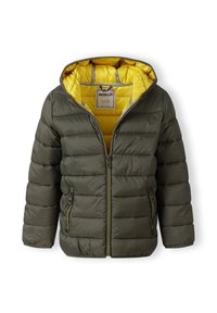 Olive green puffer jacket with a yellow interior, zip closure, and two front pockets. Features horizontal stitching and a hood.