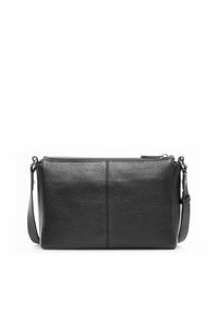 Czarna skórzana torebka typu crossbody o fakturze kamyczkowej, prostokątnym kształcie, zamykana na zamek błyskawiczny na górze, z regulowanym paskiem. Posiada minimalistyczny design.