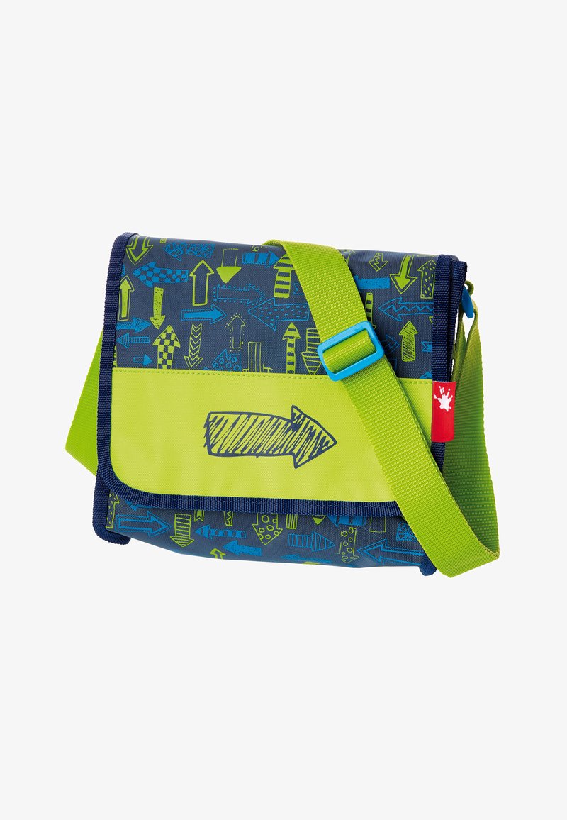 Green and blue messenger bag with arrow patterns, made of lightweight fabric, featuring a front flap, adjustable strap, and a zip closure.