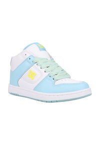 High-top sneakers made of white and light blue synthetic material, featuring mesh panels, yellow logo, and textured laces.