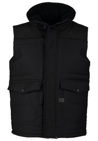 Zwarte gewatteerde bodywarmer met een hoge kraag, ritssluiting en drukknoopsluiting. Voorzien van twee zakken aan de voorkant en een gestructureerd schoudergedeelte.