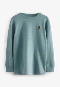 Hellblaues Langarm-Sweatshirt mit Rundhalsausschnitt, aus weicher Baumwolle, mit einer kleinen schwarzen und gelben Hummer-Stickerei auf der Brust.