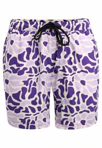 Paarse en lavendel gestreepte shorts met een trekkoord in de taille, met een abstracte, onregelmatige vormgeving op een lichte achtergrond.