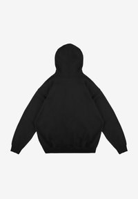 Czarna bluza z kapturem o teksturowanym wykończeniu, z kieszenią kangurką, długimi rękawami i kapturem ze sznurkiem, w luźnym kroju.