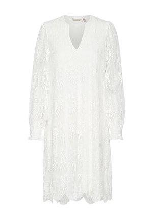 Weißes Spitzenkleid mit V-Ausschnitt, langen Puffärmeln und gewelltem Saum. Das aufwendige Blumenmuster verleiht Textur und Detail.