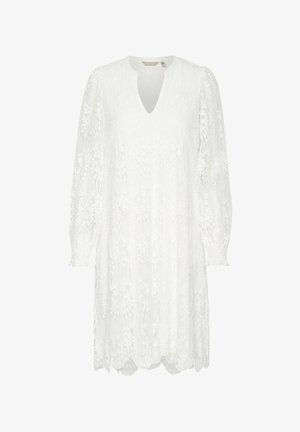 Robe en dentelle blanche avec décolleté en V, manches bouffantes longues et ourlet festonné. Le motif floralintriqué ajoute de la texture et du détail.