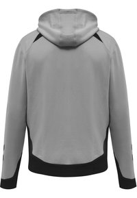 Grijze hoodie met zwarte accenten, gladde textuur en ribgebreide zoom. Heeft lange mouwen en contrasterende zijkanten.