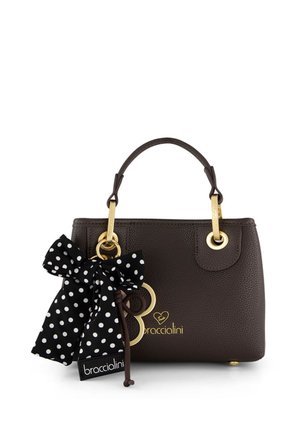 Borsa Braccialini marrone scuro con finiture dorate, manico singolo e fiocco a pois bianco e nero attaccato sul lato.