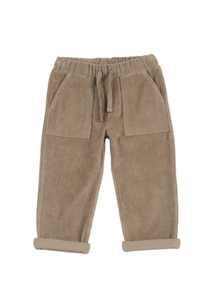 Pantalon en velours côtelé beige pour tout-petits avec taille élastique, lien à l'avant, deux grandes poches avant et revers roulés.