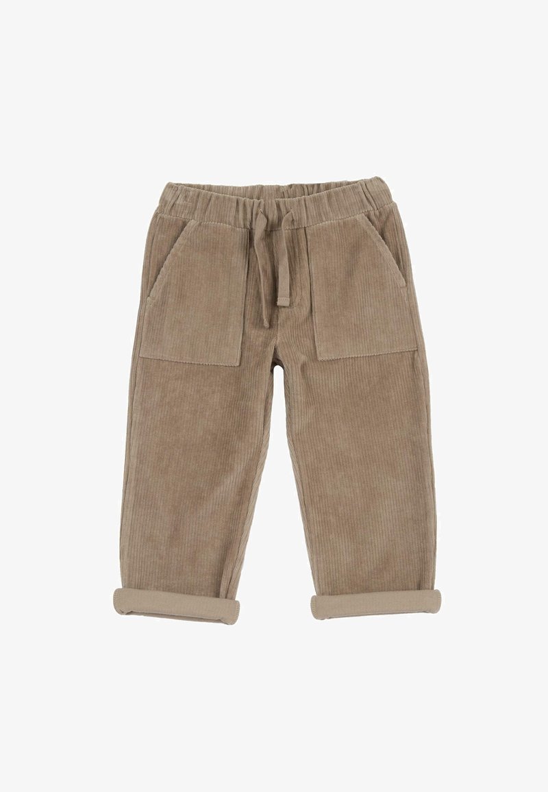 Pantalon en velours côtelé beige pour tout-petits avec taille élastique, lien à l'avant, deux grandes poches avant et revers roulés.