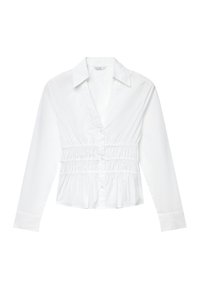 White button-up shirt with long sleeves, gathered waist, and flared hem. Made from a smooth fabric with a classic collared neckline.