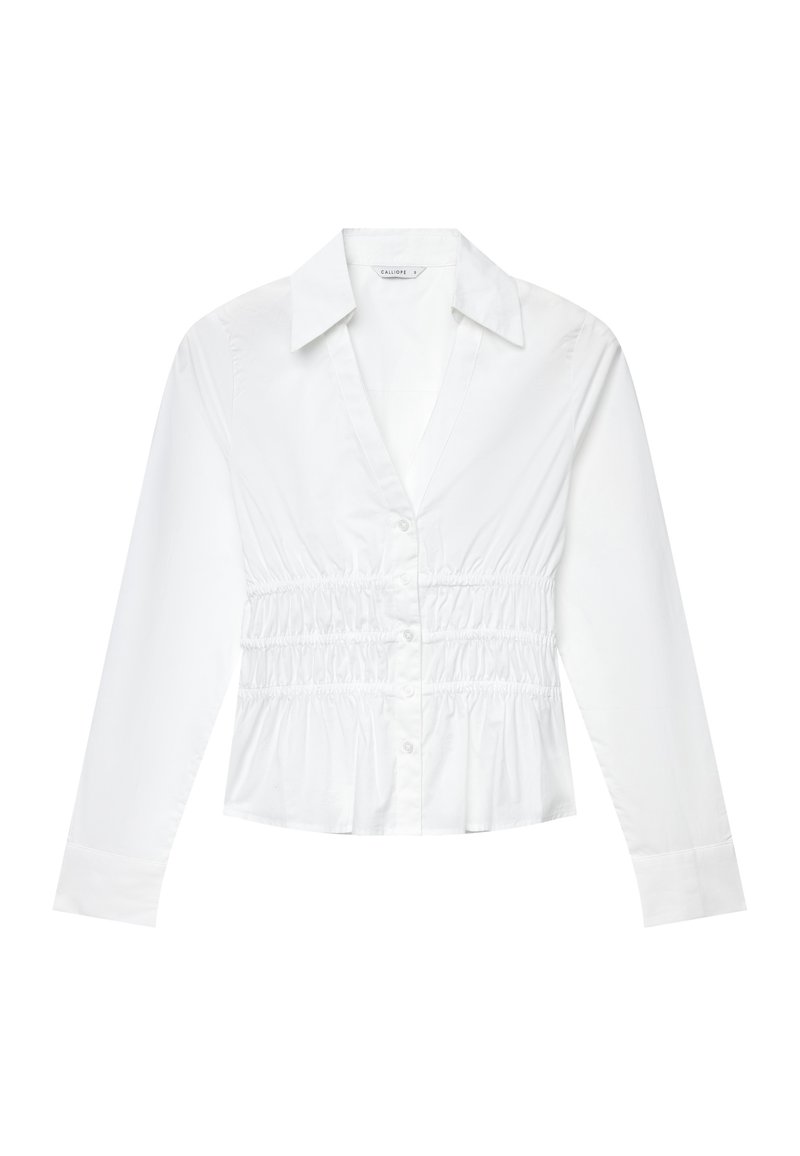 White button-up shirt with long sleeves, gathered waist, and flared hem. Made from a smooth fabric with a classic collared neckline.