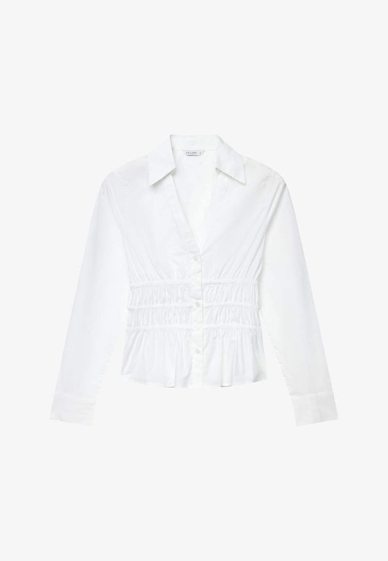 White button-up shirt with long sleeves, gathered waist, and flared hem. Made from a smooth fabric with a classic collared neckline.