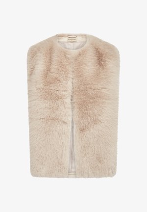 Kunstpelz-Weste in hellbeige, mit einer weichen, strukturierten Oberfläche, runder Halslinie und offenem Frontdesign.