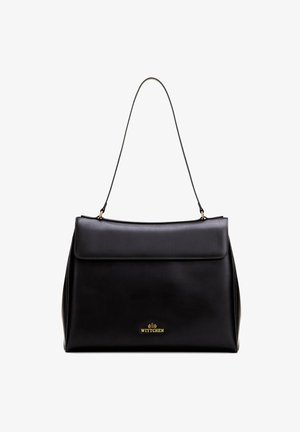 Sac à bandoulière en cuir noir avec une sangle fine, une fermeture à rabat et un petit logo "Wittchen" doré centré sur le devant.