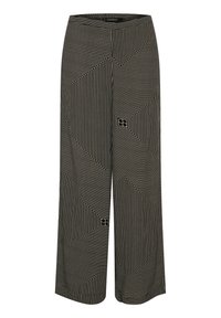 Pantaloni larghi bianco e nero con un motivo a strisce geometriche, realizzati in tessuto leggero e dotati di una vita elastica per il massimo comfort.