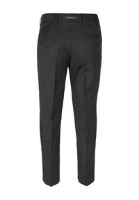 Czarne spodnie z prostymi nogawkami, z tylnymi kieszeniami, szlufkami na pasek i gładką strukturą materiału.