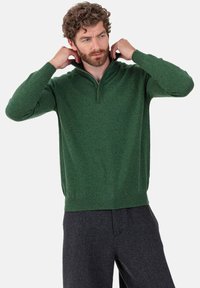 Grüner Strickpullover mit halbem Reißverschluss am Kragen, langen Ärmeln und geripptem Saum. Weiche Textur, lässige Passform, kombiniert mit dunkelgrauen Hosen.