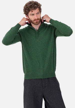 Grüner Strickpullover mit halbem Reißverschluss am Kragen, langen Ärmeln und geripptem Saum. Weiche Textur, lässige Passform, kombiniert mit dunkelgrauen Hosen.