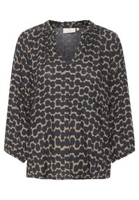 Bluse im navy und beigen abstrakten Muster, mit V-Ausschnitt, gerafftem Kragen und dreiviertelärmel mit elastischen Bündchen.