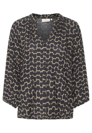 Blouse in navy and beige abstract pattern, features a V-neck, gathered neckline, and three-quarter sleeves with elasticized cuffs.