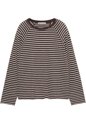 Lange mouwen T-shirt met horizontale strepen in bruin en wit, voorzien van een ronde hals en een relaxte pasvorm. Gemaakt van zacht, lichtgewicht materiaal.