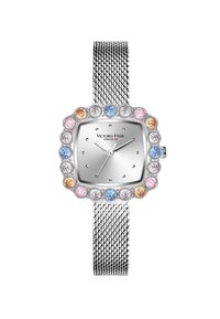 Montre carrée en argent avec un bracelet en maille, dotée d'une lunette incrustée de cristaux de couleurs bleue, rose et transparente. Le cadran affiche des aiguilles et des marqueurs d'heure argentés.