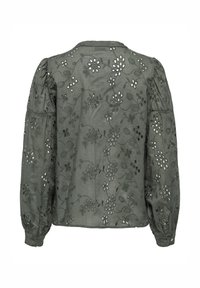 Blouse grise à manches longues avec broderie florale et découpes œillets, épaules froncées et poignets boutonnés, vue de dos.