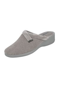 Zapatilla gris de tipo slip-on con parte superior de texto tejido, cuello suave, suela texturizada y un sutil detalle de logo en el lateral.