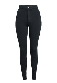 Zwarte high-waisted legging met een gladde afwerking, voorzien van een voorste knoopsluiting, zijnaad en een aansluitende silhouet.