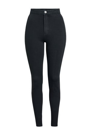 Black high-waisted leggings with a smooth finish, featuring a front button closure, side seams, and a fitted silhouette.
